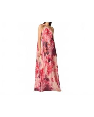 Aidan Mattox One-Shoulder Peony Floral Chiffon Scarf Gown - Red