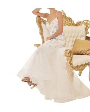Nox Anabel V-Neck Floral Beaded Prom Gown - Natural