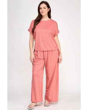 TRUEDAMES Plus Size Knit Linen Dolman Ruched Top - Red