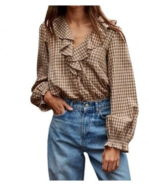 By Together Woven Cotton Gingham Ruffled Blouse - Blue