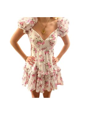 Sky To Moon Floral Puff Sleeve Open Back Dress - Pink