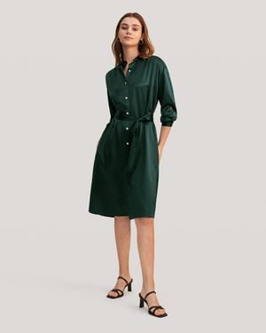 LILYSILK Belted Shirred Silk Shirt Dress For - Green