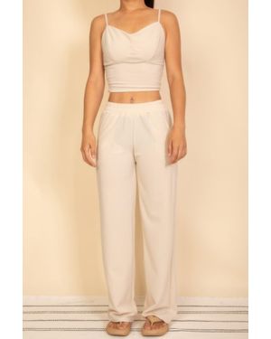 TRUEDAMES Spaghetti Strap Bralette Top & Wide Leg Pants Set - Natural