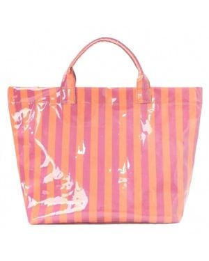 Josslyn by Wall to Wall Striped Vinyl Tote Bag - Pink