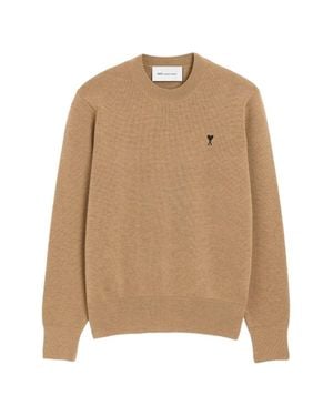 Ami Paris Crew Neck Sweater With Ribbed Details And Emblem - Natural