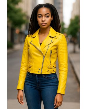 Infinity Leather Burgundy Cropped Brando Leather Biker Jacket-Durban - Yellow