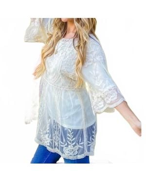 And The Why Boho Floral Embroidered Mesh Tunic Top With Lining - Blue