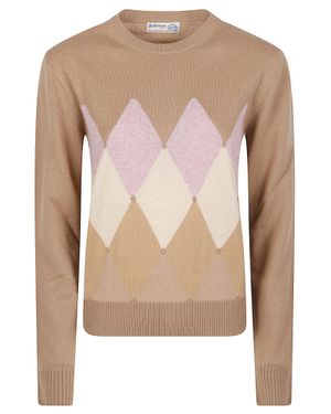 Ballantyne Round Neck Classic Diamon Argyle Cashmere Sweater - Pink