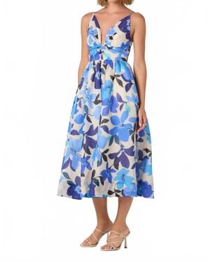 Astr Janna Floral Plunge Midi Dress - Blue