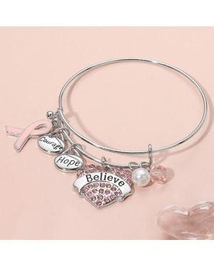 Fashnzfab Heart Paved Believe Hope Courage Pearl Pin Ribbon Charm Bangle Bracelet Light - Pink