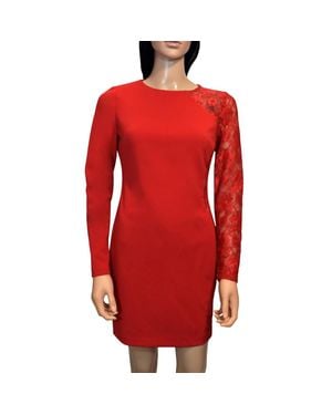 Bebe Lace Long Sleeves Knee Length Detailed Sheath Dress - Red