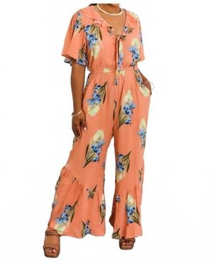 SurelyMine Peach Floral Ruffle Jumpsuit Wide-Leg Summer One-Piece - Orange