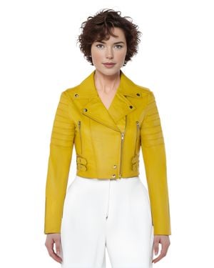 Infinity Leather Apple Cropped Brando Leather Biker Jacket-Bellville - Yellow