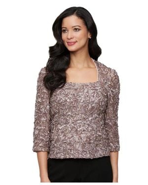 Alex Evenings Top Mink Soutache Lace 3/4-Sleeve Square Neck Pal94 - Purple