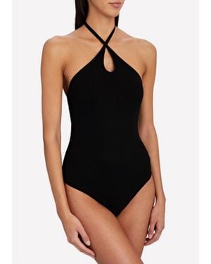 Enza Costa Stretch Silk Knit Keyhole Halter Bodysuit - Black
