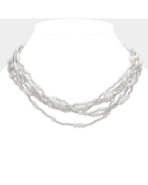 Fashnzfab Pearl Metal Ball Beaded Layered Strand Necklace - Metallic