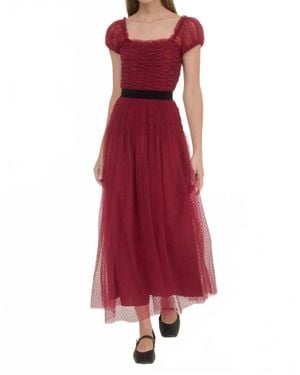 Moon River Polka Dot Tulle Shirred Waist Velvet Midi Dress