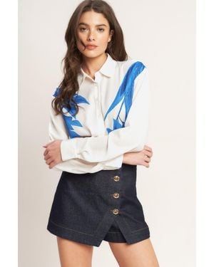 TRUEDAMES Asymmetrical Botanical Woven Shirt - Blue