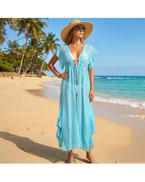 TRUEDAMES Sheer Flowy Beach Cover Up Tie Front Maxi Kimono - Blue