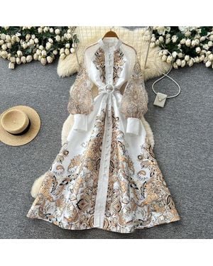 TRUEDAMES Vintage Lantern Sleeve Floral Dress Summer Mandarin Collar Tie-Waist A-Line Maxi, Graceful Shift - White