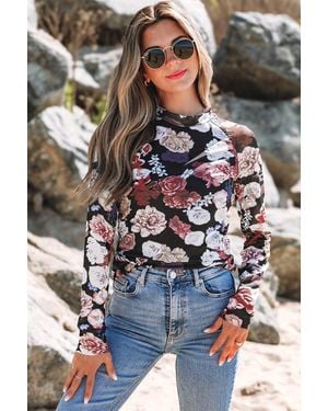 TRUEDAMES Mesh Floral Print Mock Neck Long Sleeve Slim Top - Pink