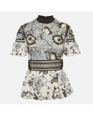 Self-Portrait Crepe Floral Embroidered Ruffle Top - Gray