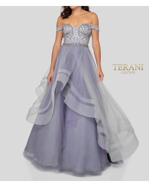 Terani Embellished Off-The-Shoulder A-Line Dress - Purple