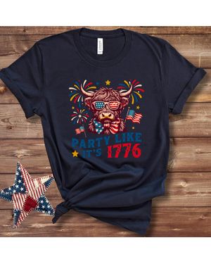 TRUEDAMES Party Like It's 1776 Highland Cow Patriotic Tshirt - Blue