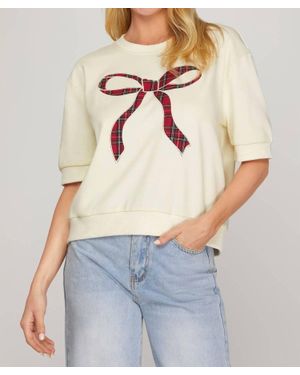 She + Sky Plaid Bow Accent Top - White
