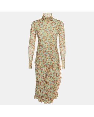 Ganni Multicolor Floral Print Mesh Turtleneck Top And Wrap Midi Skirt Set - Metallic