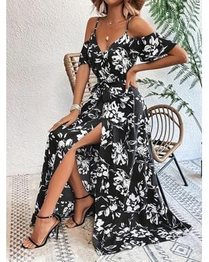 TRUEDAMES Floral Asymmetrical Maxi Dress - Black