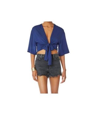 Bobi Jersey Kimono Wrap Tie Front Top - Blue
