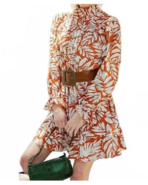 Kori High Neck Printed Mini Dress With Long Sleeves - Brown