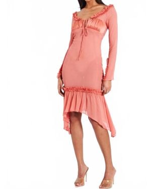Miss Circle Tiered Ruffle Sleeve Sheer And Satin Midi Dress