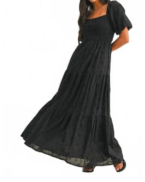 Klesis Eyelet Puff Sleeves Midi Dress With Smocking - Black