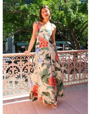 TRUEDAMES Summer French Retro Maxi Dress Printed Spaghetti Strap Slimming Dress - Green
