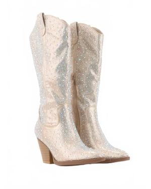 Ccocci Rhinestone Jeweled Mid-Calf Glam Western Boots - White