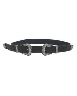Fashnzfab Floral Embossed Double Buckle Western Belt - Black
