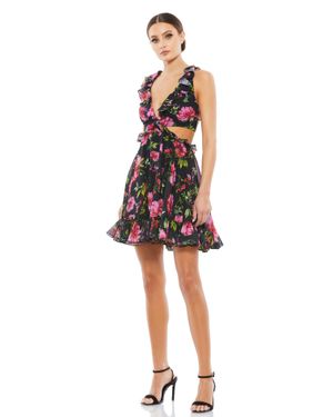 Ieena for Mac Duggal Ruffle Cut Out Lace Up Flowy Mini Dress - Red