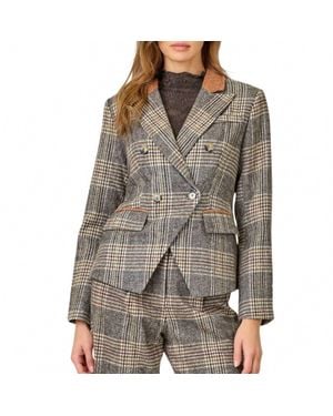 Mystree Plaid Double Breasted Blazer - Brown