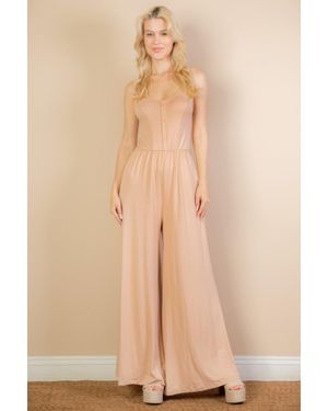 TRUEDAMES Button Front Wide Leg Jumpsuit - Natural