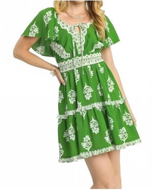 Umgee Floral Ruffle Trim Tiered Mini Dress - Green