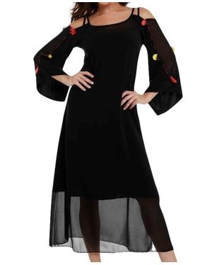 Angel Tassel Beaded Cold Shoulder Maxi Dress - Black