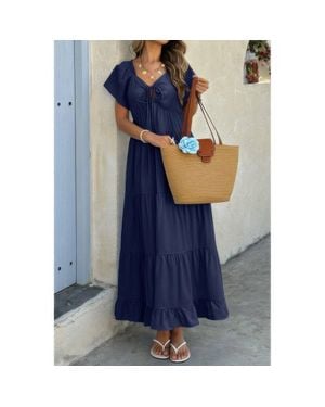 TRUEDAMES Square Neck Cross Knot Pockets Ruffle Hem Dress - Blue