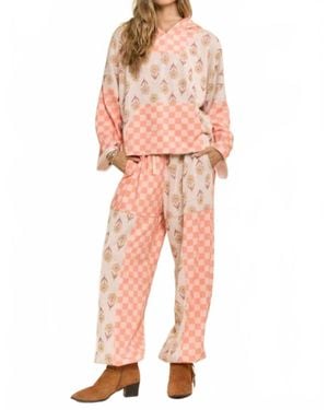 Davi & Dani Retro Floral Checkered Patchwork Hoodie Lounge Set - Orange