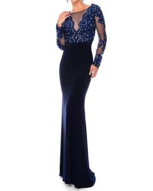 Precious Formals Jersey Lace Hand Beaded Prom Dress - Blue