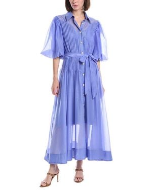 Beulah London Pleated Bodice Belted Sheer Puff Maxi Dress - Blue