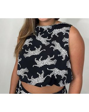 Kld. Signature Animal Print Bubble Hem Crop Top - Black