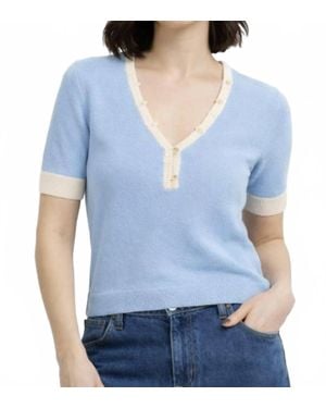 White + Warren Boucle Short Sleeve Henley Top - Blue