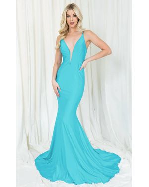 Amelia Couture Alluring Plunging Neckline Long Mermaid Dress - Blue